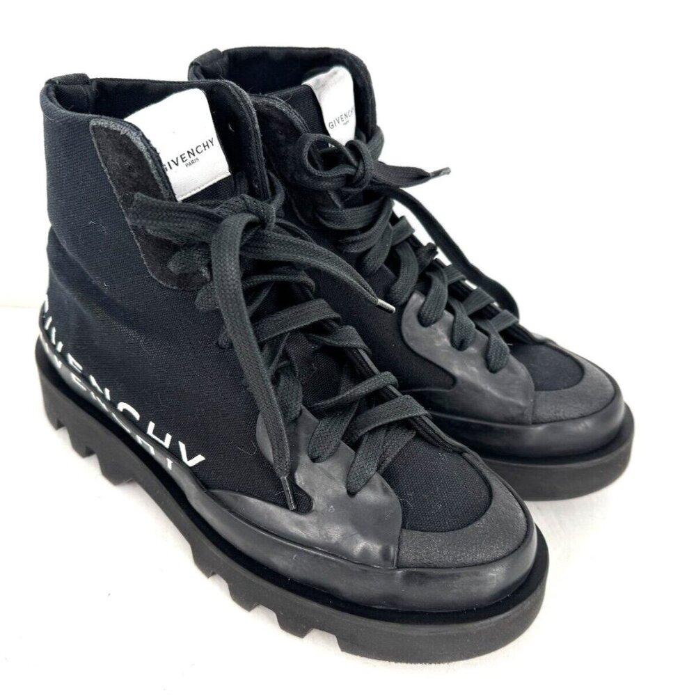 Givenchy Black Chunky Bulky Lace Up Combat Boots Logo Canvas Rubber Sz 39 Sz 9